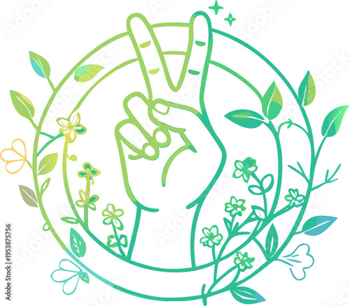 peace sign hand gesture surrounded by floral wreath