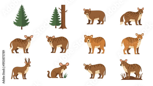 Set of prehistoric mammals and trees, cartoon style vector illustration