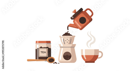 A brown teapot pours tea leaves into a filter next to a tea jar and a steaming cup.