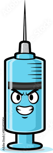 A pixel art illustration of a cartoon syringe with an angry, grinning face and a sharp needle. The syringe is blue with black outlines.