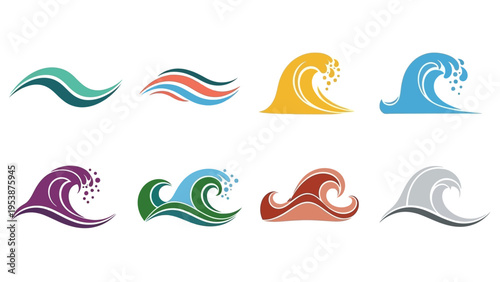 Set of Stylized Wave Icons in Various Colors and Styles