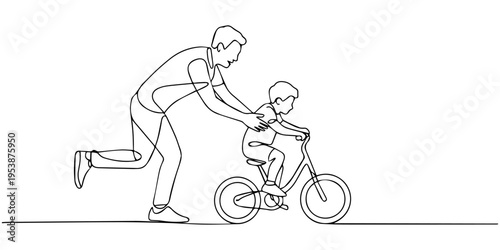 A father teaching his young son how to ride a bicycle continuous one line drawing, One continuous line drawing of young father help his boy kid learning to ride a bicycle at countryside together.