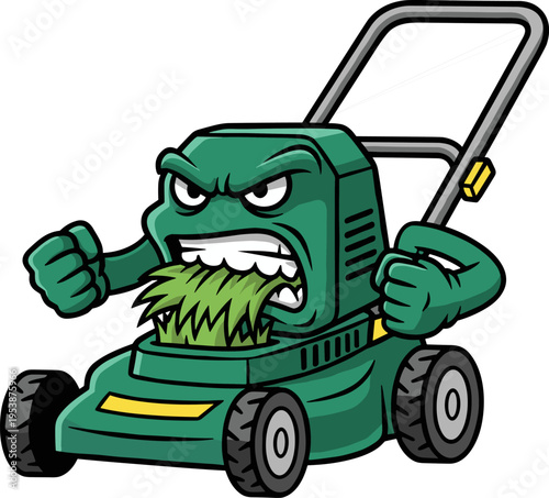 Angry Green Lawnmower Eating Grass With Clenched Fists and Gritted Teeth