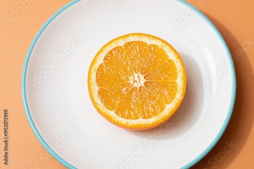 An orange slice in a blue and white bowl on an orange background._00001_