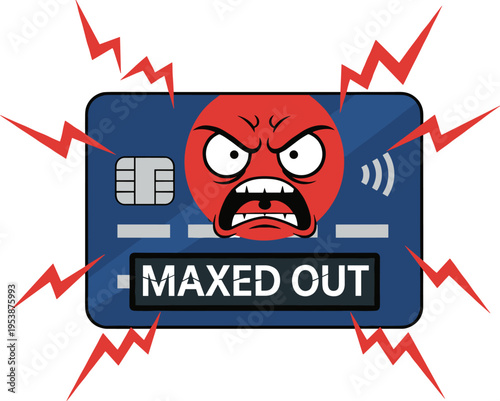 Illustration of a credit card with a red angry face and 'MAXED OUT' text surrounded by red lightning bolts symbolizing financial distress and debt.