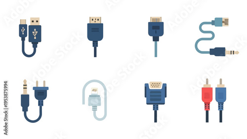 Set of various electronic cables and connectors, flat design icons