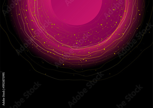 Purple glossy circle with golden wavy lines and shiny dots abstract background. Vector design