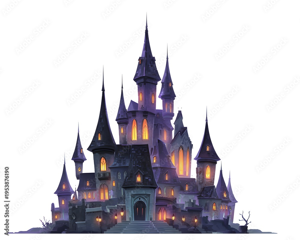 Obraz premium Mysterious Gothic Castle with Spires and Illuminated Windows