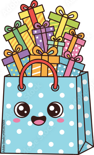 A light blue gift bag with a cute smiling face and white polka dots is overloaded with various colorful wrapped gifts, suggesting a joyful celebration or abundance of presents.