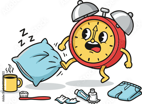 Cartoon Alarm Clock Character Fighting Pillow Morning Routine Items Cup Toothpaste Jeans