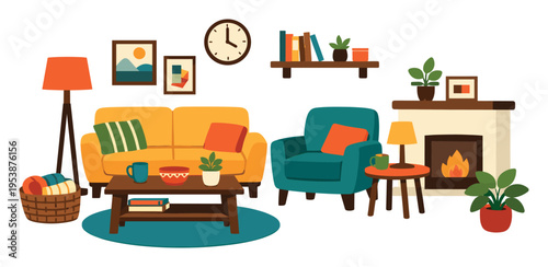 Interior of a comfortable living room featuring a yellow sofa, teal armchair, wooden coffee table, and a burning fireplace
