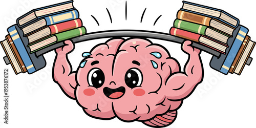 A cartoon brain with muscles lifts a barbell loaded with stacks of books, symbolizing strength through knowledge and learning on a white background.