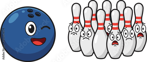 A playful cartoon bowling ball with a winking eye and happy expression faces a group of cartoon bowling pins showing scared expressions.