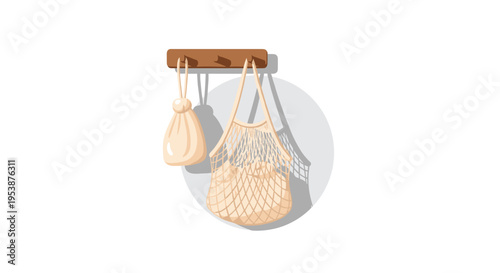 A drawstring bag and a mesh net bag with produce hang on a wooden coat rack.