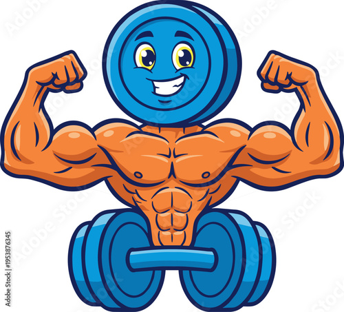 A cartoon character with a muscular male physique and a blue circular head flexing its biceps. It stands between two blue dumbbell weights.