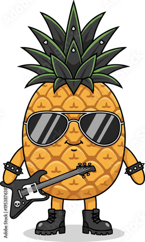 A pixel art cartoon of a pineapple character dressed as a rock musician. It wears sunglasses, spiked accessories, and holds a guitar.