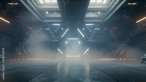 A futuristic dimly lit industrial interior scene with smoke and lights Technology Transport Travel Architecture