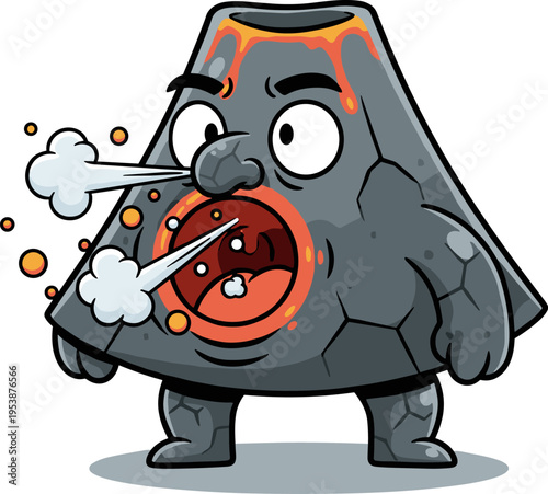 Cartoon Volcano Character Exhaling Smoke With Lava Inside And Orange Bubbles Floating On White Background