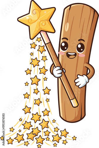 A charming cartoon wooden stick character with a smiling face holds a star-tipped wand, conjuring a cascade of sparkling stardust. A whimsical illustration perfect for children's themes.