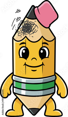 A cheerful cartoon pencil character with a pink eraser on its head stands with a happy expression. Its head is scribbled on, indicating a playful or messy moment.