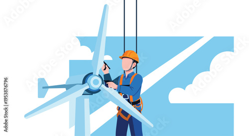 A technician in a hard hat and safety harness is inspecting a white wind turbine blade against a light blue sky.