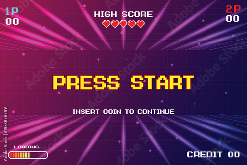 PRESS START. insert coin to continue. pixel art 8 bit. Retro Futurism Sci-Fi Background. glowing neon grid. and stars from vintage arcade computer games