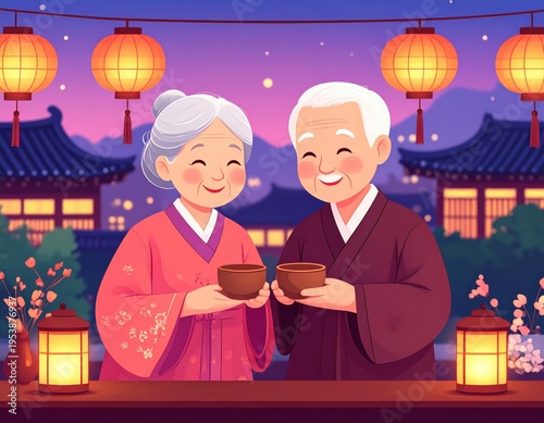 Illustration of Elderly Asian Couple Celebrating Lantern Festival Night Holding Tea Cups Enjoying Cultural Traditions with Traditional Attire and Festive Atmosphere