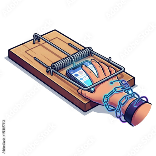 Digital Dependence Trap: A gripping illustration depicting the perils of technology addiction, showing a hand ensnared in a mousetrap, bound by chains, and clutching a smartphone.