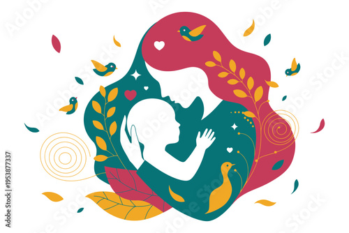 Abstract illustration of mother holding baby surrounded by colorful organic shapes birds and foliage representing motherhood care love family