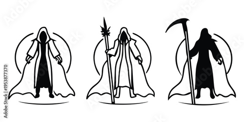 Three iconic figures from fantasy and folklore standing with distinct symbolic items