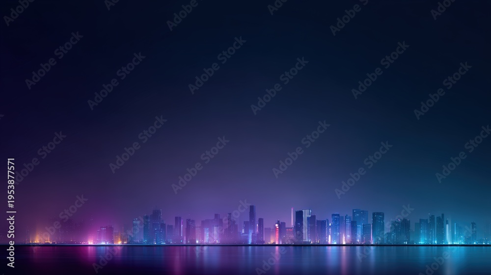 Fototapeta premium City skyline at night illuminated by colorful lights reflecting on water, showcasing modern skyscrapers and a vibrant urban atmosphere with a gradient of purple, blue, and pink hues in the sky