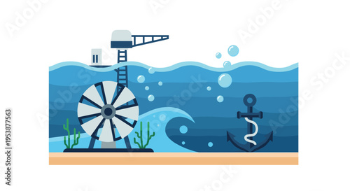 A large water wheel rests on a sandy seabed with seaweed, while an anchor and bubbles float in the blue water below a diving board.