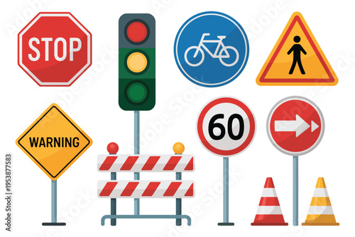 Assortment of colorful road regulation and informational signage for street navigation and travel guidance