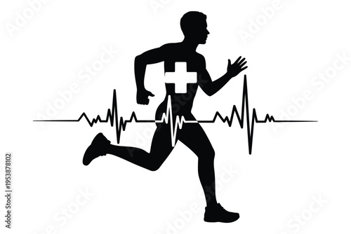 Running man silhouette with heart beat line and medical cross symbol represent health fitness active lifestyle cardio workout on transparent