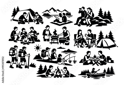 People engaging in various outdoor and camping activities including barbecuing, setting up tents, hiking, fishing, and sitting by a campfire