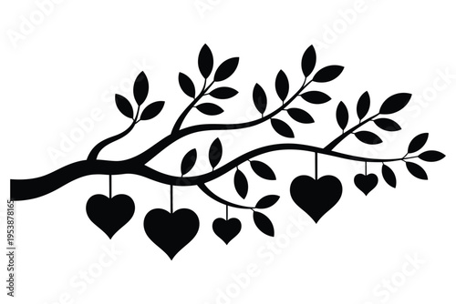 Silhouette of tree branch with leaves and hanging heart shapes symbolizing love and nature concept