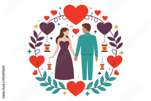 Valentine day romantic couple illustration with hearts and floral wreath flat vector art for wedding greeting cards and love celebration