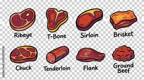 A collection of simple doodle icons illustrating various premium cuts of fresh beef and delicious meat products, perfect for culinary food concepts and diagrams