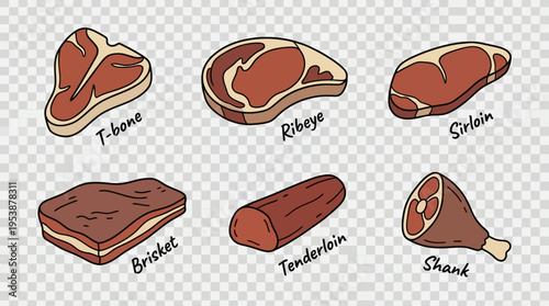 Vibrant cartoon doodle icons showcasing a diverse collection of popular beef meat cuts, perfect for food preparation and culinary concepts