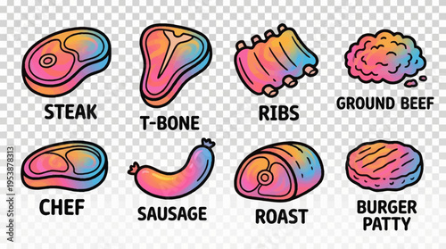 Playful doodle collection of vibrant food icons, showcasing diverse fresh meat cuts like beef steak, ground beef, ribs, sausage, and roast, perfect for a butcher theme