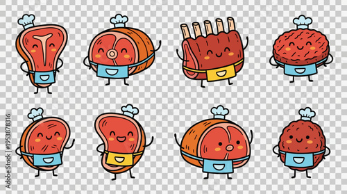 Cute cartoon meat and beef food doodles, perfect for food blogs, butcher shops, and restaurants, featuring various cuts like steaks and ribs