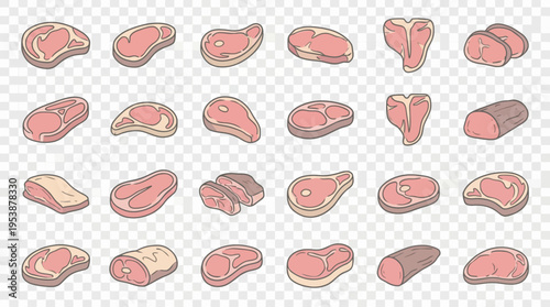 A diverse collection of raw meat cuts, featuring various beef steaks and butcher's selections, presented as food for culinary preparation