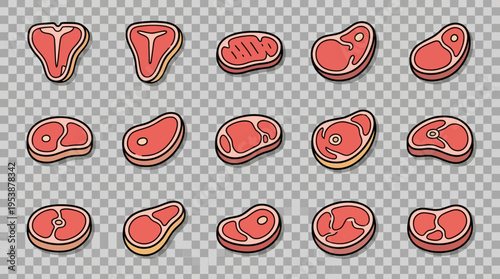 A collection of delicious beef steaks, raw meat cuts in various shapes, showcasing premium food options for grilling or cooking