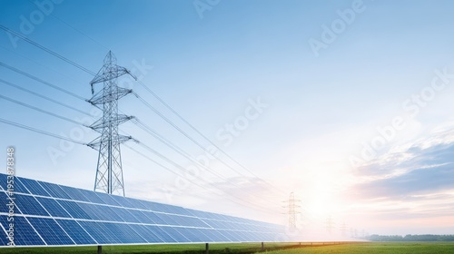 Solar panels arranged in rows on green grass field with high voltage power lines and transmission towers under a clear blue sky during sunrise, showcasing renewable energy infrastructure