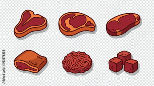 Cute doodle-style illustration of various beef meat cuts and ground beef, representing delicious food options for a butcher or grocery store