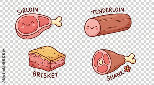 Charming and minimalist doodle icons featuring various cuts of fresh beef and delicious meat food, perfect for culinary illustrations and playful designs