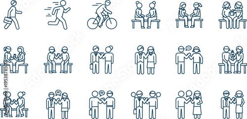 Human interaction icons, communication gestures, handshake silhouettes, walking running, cycling activity, friendship bond, teamwork cooperation, social connection, flavector