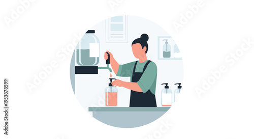 A person in an apron refills a pump bottle from a large wall-mounted dispenser in a minimalist setting.