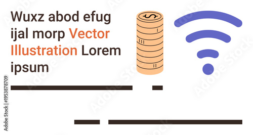 E-commerce, digital banking, financial transactions, connectivity, cashless payments, online purchases. Stack of coins and wireless signal. E-commerce and digital banking