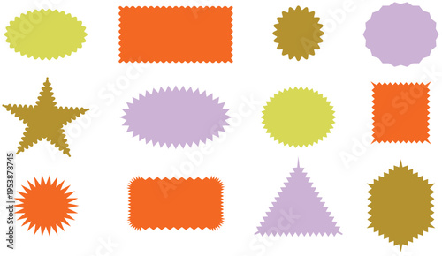 Set of colorful zigzag edges.  Wavy circular, oval and rectangular shape elements set vector illustration.  Borders frame collection. 